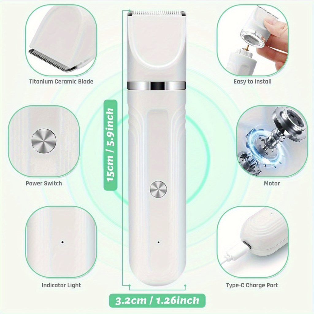 Dog Paw Trimmer and Nail Grinder Set, Rechargeable Cordless Low-Noise Pet Hair Clippers with Interchangeable Heads for Cats and Dogs