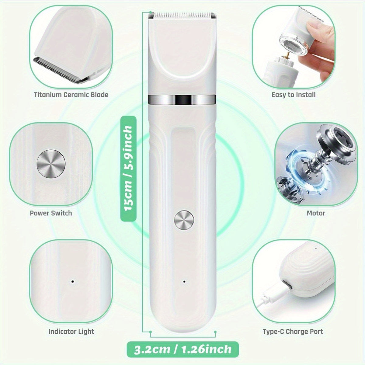 Dog Paw Trimmer and Nail Grinder Set, Rechargeable Cordless Low-Noise Pet Hair Clippers with Interchangeable Heads for Cats and Dogs
