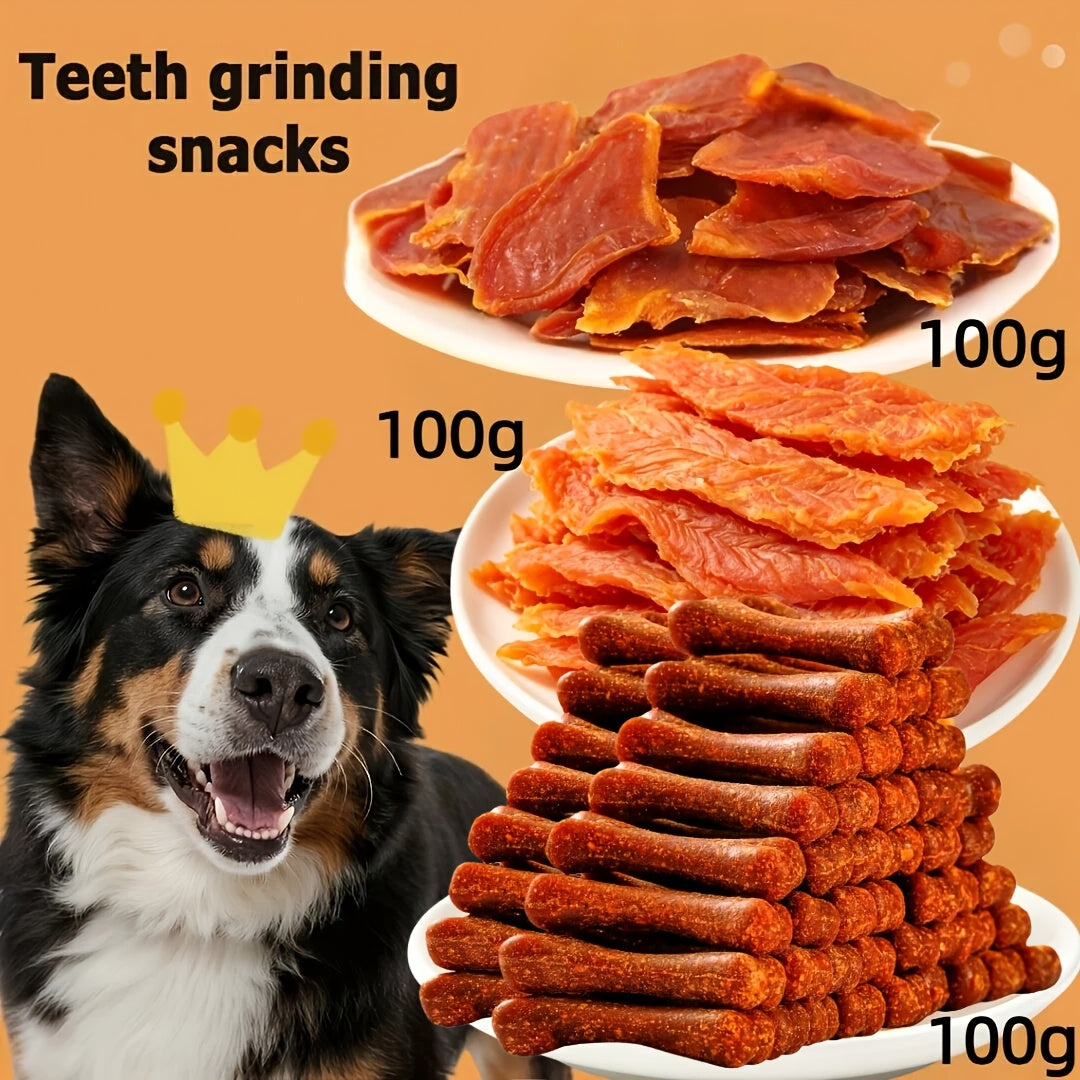 Dog Snack Variety Selection with Chicken Liver, Duck Jerky, Beef Cubes and Sweet Potato Donut Options for Supervised Training Rewards