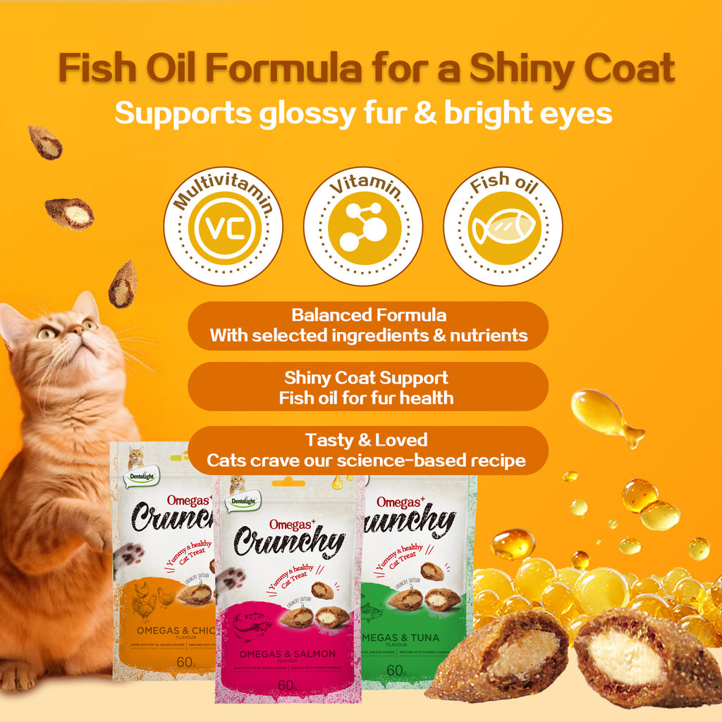 Crunchy Cat Treats with Soft Centers and Added Fish Oil, Three-Flavor Cat Biscuit Snack Pack, 60g x 3 Bags for Everyday Rewards and Treat Time