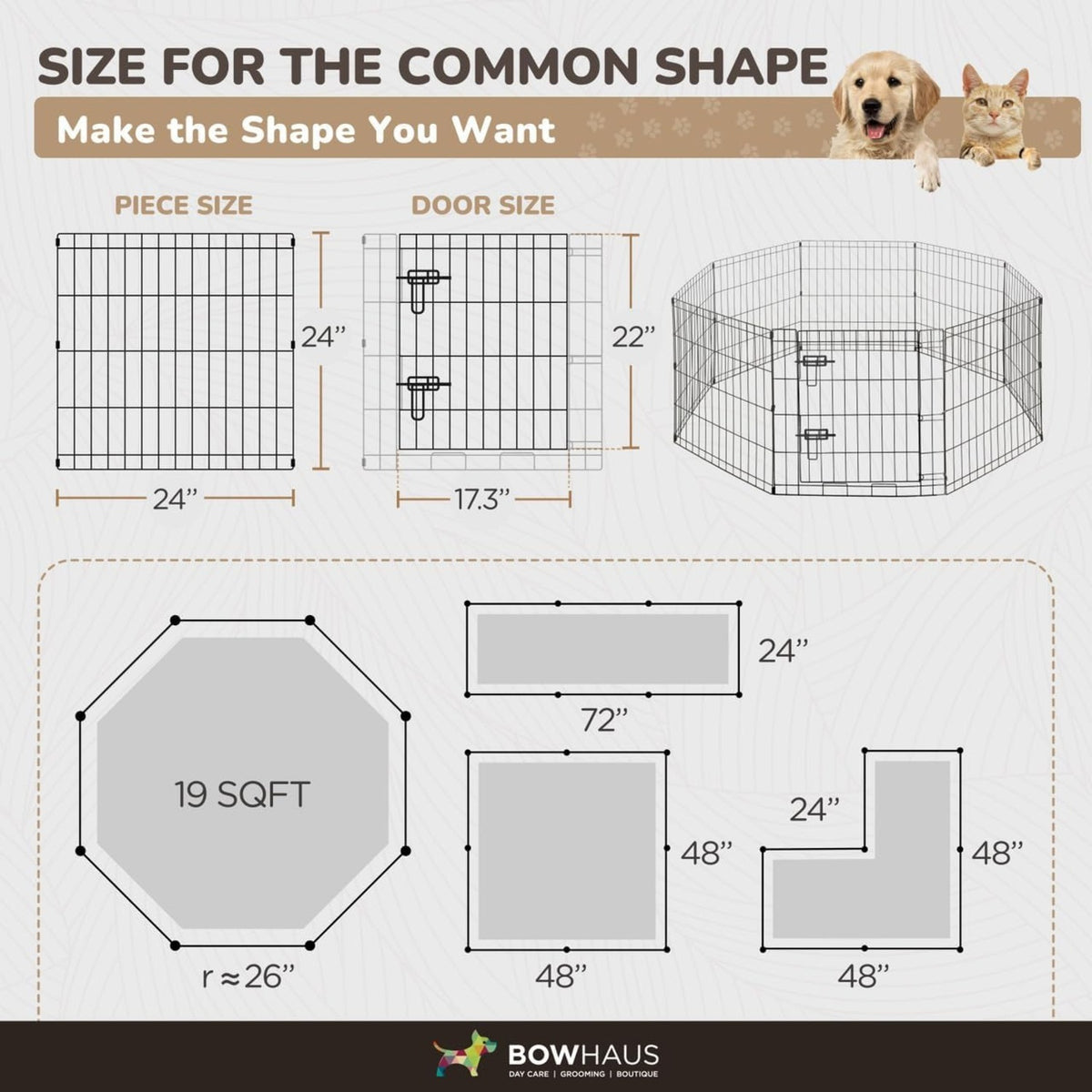 Dog Playpen with Gate and 8 Foldable Metal Panels, Portable Indoor Outdoor Exercise Fence for Small Dogs, 24 Inch and 36 Inch Size Options