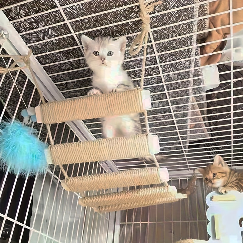 Cat Rope Ladder Bridge for Indoor Climbing, Wooden Rung Pet Walkway with Rope-Wrapped or Bare Wood Styles, 13.78 to 39.37 Inch Options