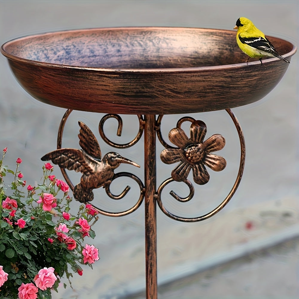 Bird Bath with Sunflower and Hummingbird Accents, Bronze Metal Outdoor Basin with 5-Claw Ground Stake for Garden and Backyard Decor, No Fountain