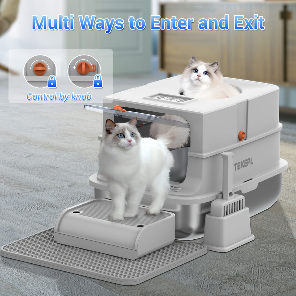Modular Stainless Steel Cat Litter Box with Lid, Extra Large High-Sided Enclosed or Semi-Open Cat Toilet with Step, Mat and Scoop