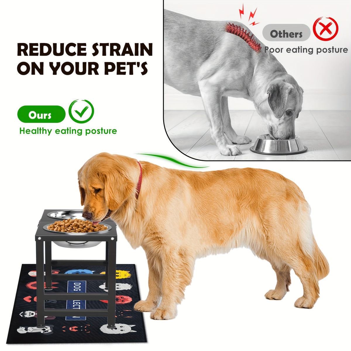 Raised Dog Feeding Station with Two 2L Stainless Steel Bowls, Metal Stand and Splash Mat for Large Dogs, 10 or 15.5 Inch Height Options