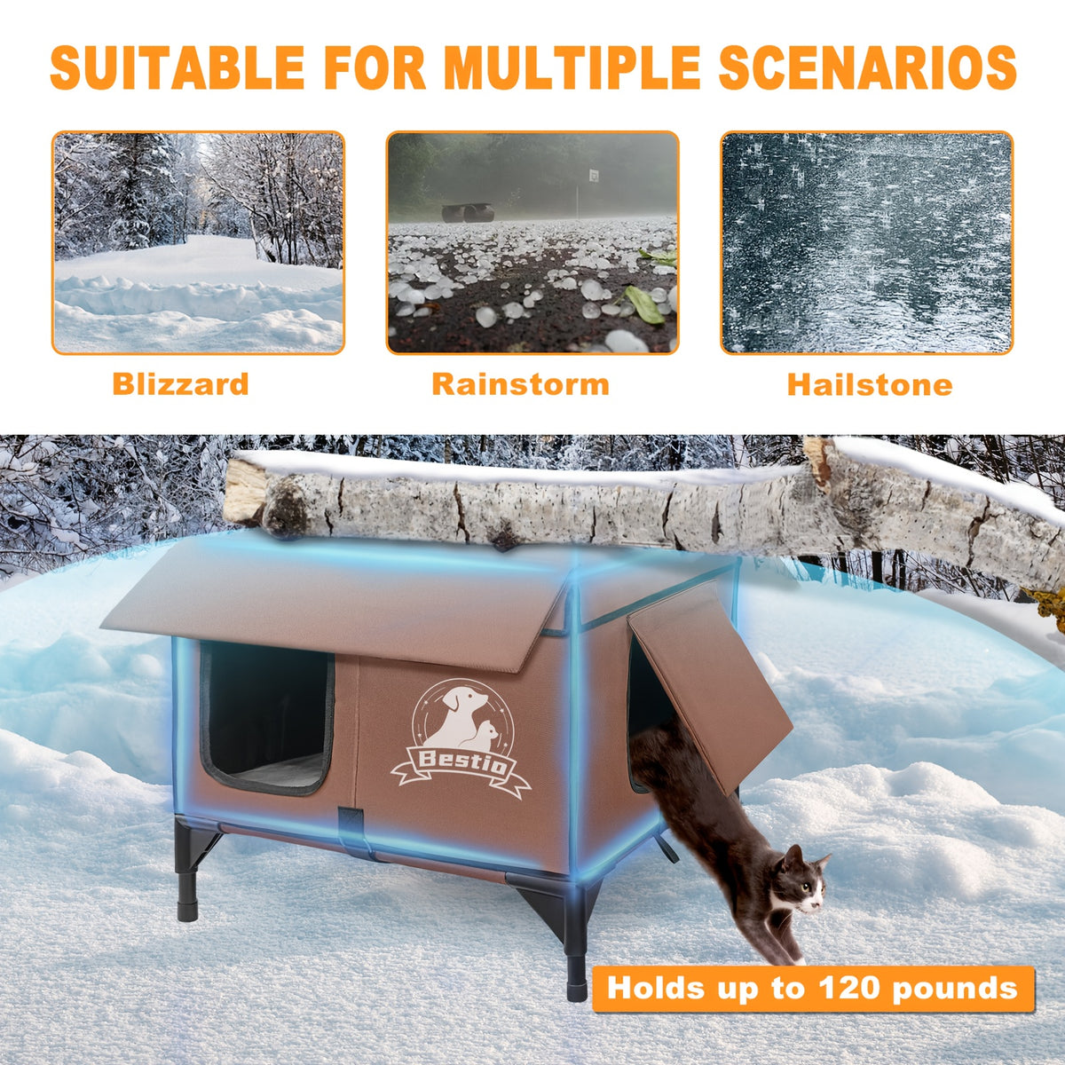 3-in-1 Heated Cat House with Detachable Heating Pad and Elevated Bed, Dual-Entry Cat Shelter in Brown, Camouflage and Roof Style Options