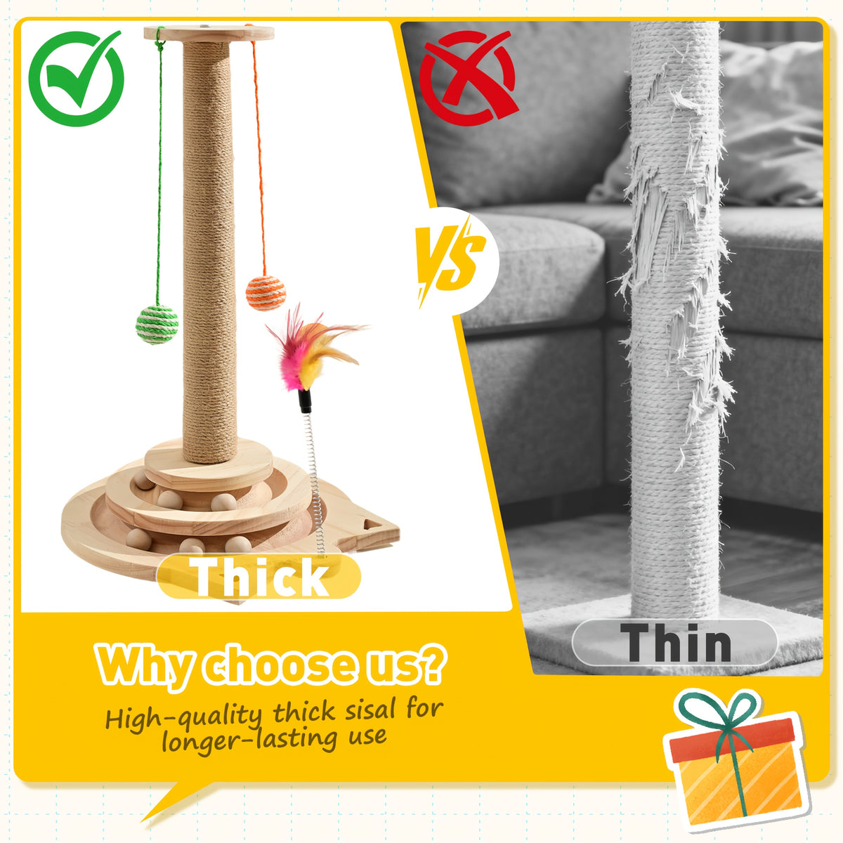 Interactive Cat Scratching Post with Double-Layer Ball Track and Feather Toys, M L XL Cat Scratcher and Replacement Pillar Options for Indoor Cats