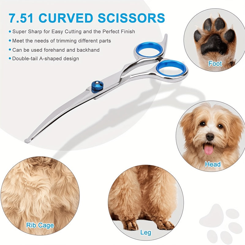 Pet Grooming Trimmer and Scissors Kit for Dogs and Cats, At-Home Hair Clipping Set with Curved Scissors Options for Small Dog and Puppy Coat Care