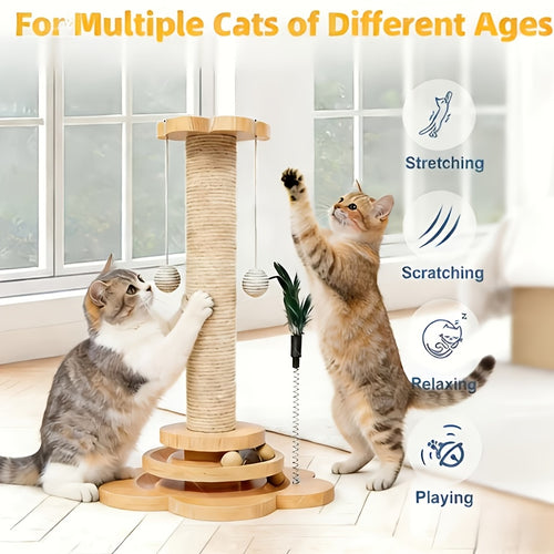 4-in-1 Cat Scratching Post with Ball Tracks, Hanging Toys and Feather Teaser for Indoor Cats, Small to Large and Replacement Column Options