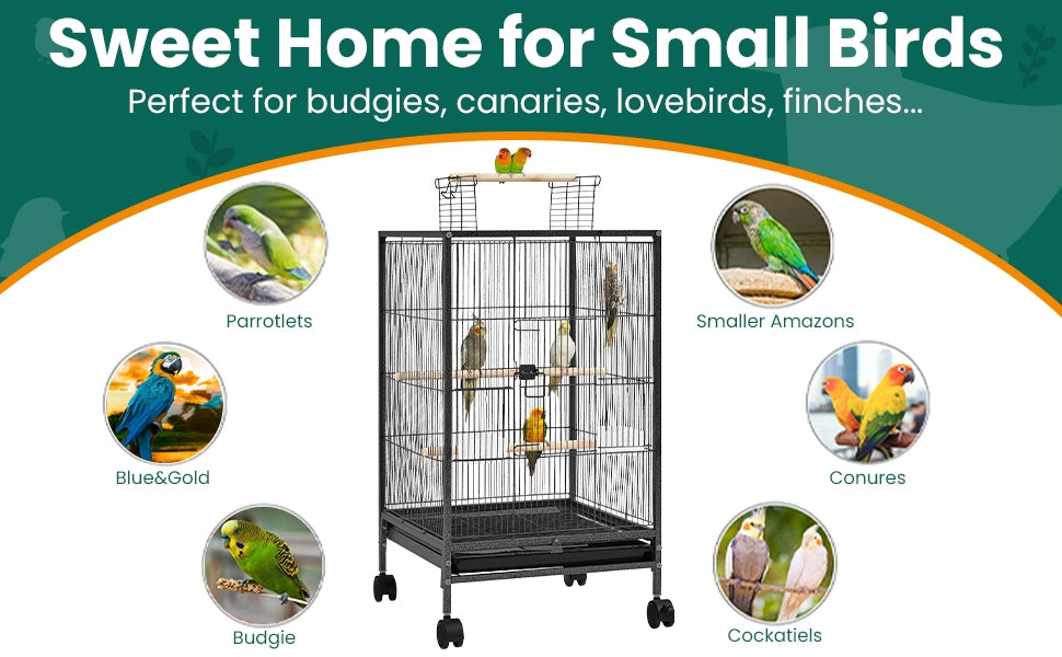 Bird Cage with Rolling Stand, 31-Inch Black Wrought Iron Open-Top Small Bird Habitat with Two Feeders, Three Perches and Slide-Out Tray