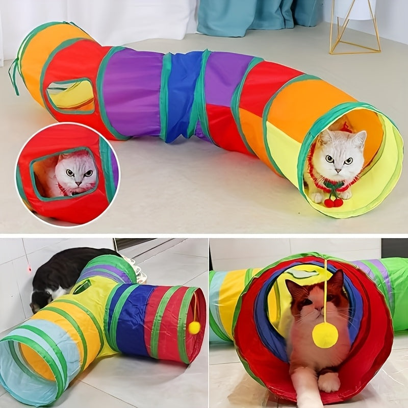 Rainbow Cat Play Tunnel, Collapsible S-Shaped or 3-Way Tubes with Peek Holes and Ball Features, Single or Two-Pack Options for Indoor Cat Play