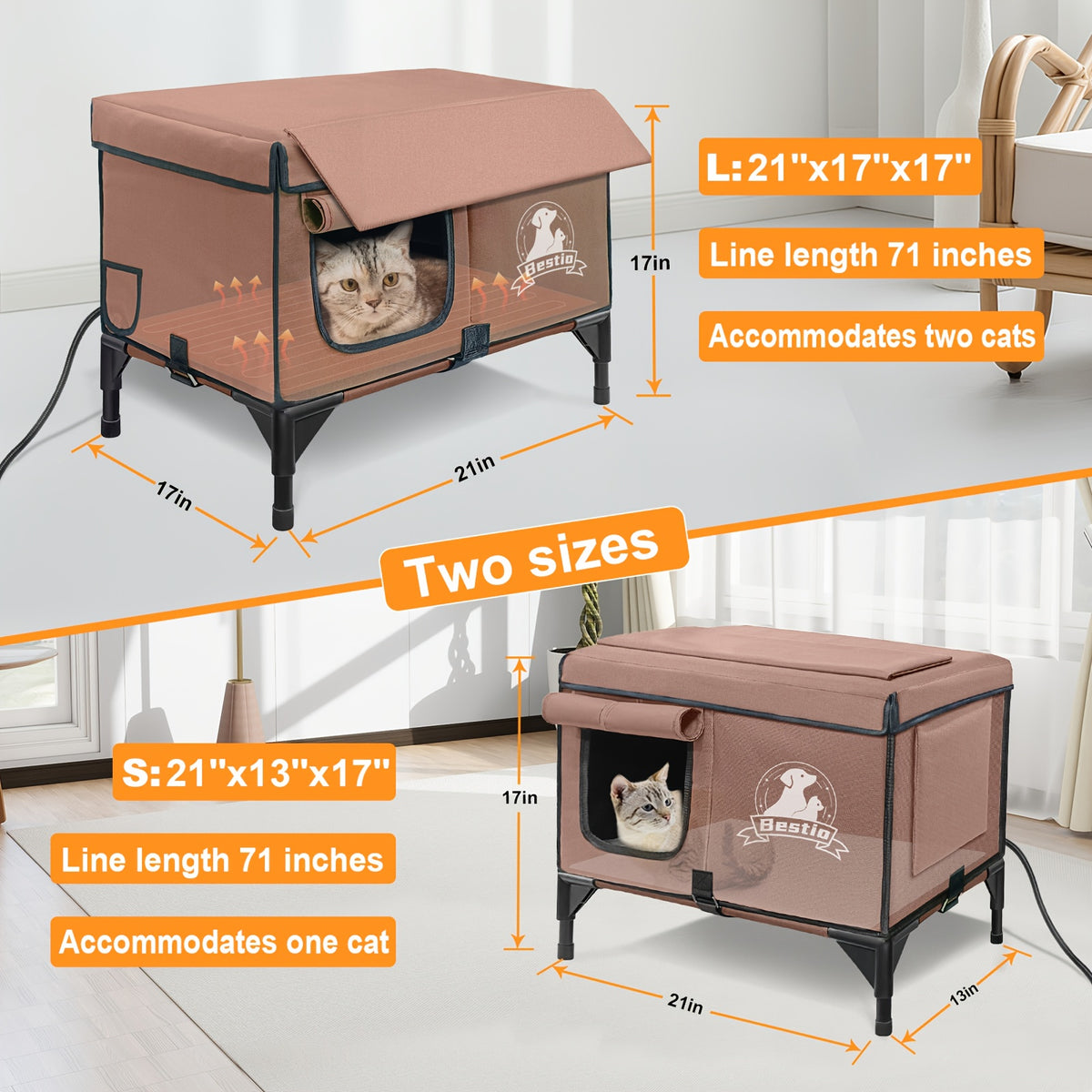 3-in-1 Heated Cat House with Detachable Heating Pad and Elevated Bed, Dual-Entry Cat Shelter in Brown, Camouflage and Roof Style Options
