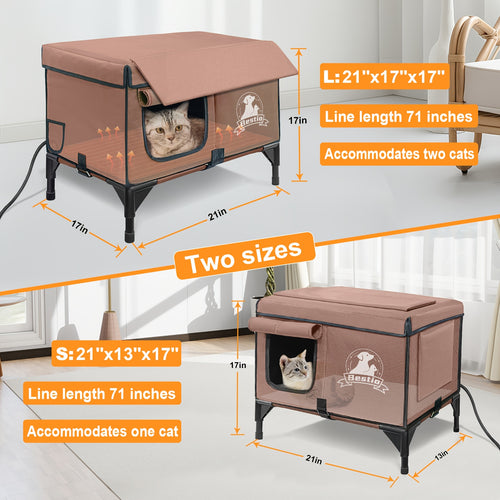3-in-1 Heated Cat House with Detachable Heating Pad and Elevated Bed, Dual-Entry Cat Shelter in Brown, Camouflage and Roof Style Options