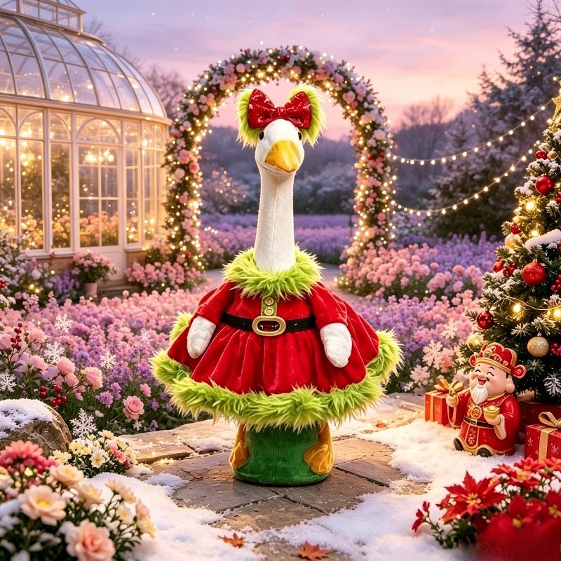 Red Sequin Bow Porch Goose Costume for 23-Inch Decorative Goose, Christmas Holiday Outfit with Green Plush Detail for Seasonal Entryway Decor