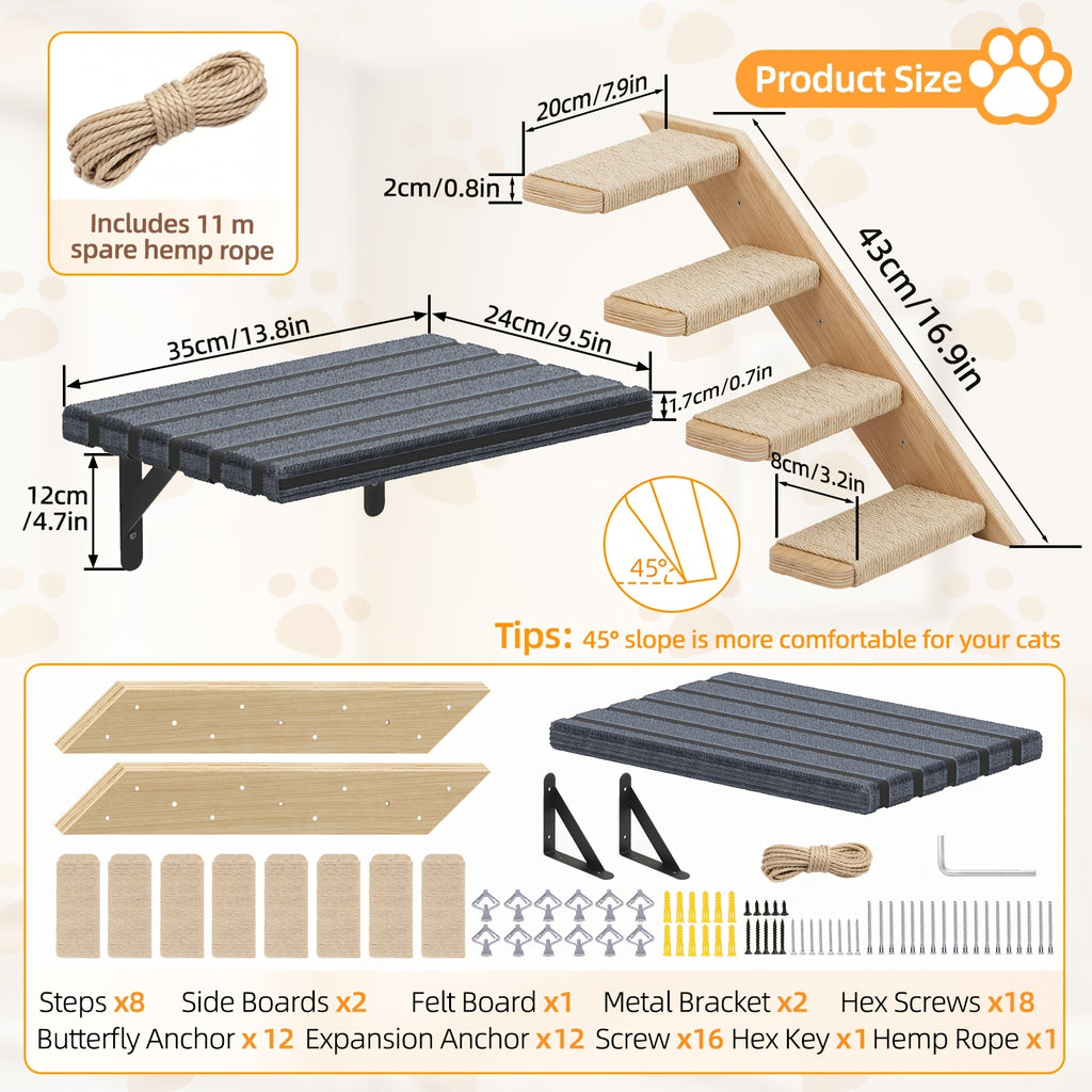 Wall Mounted Cat Steps and Hammock, 2 or 3 Piece Wooden Cat Wall Furniture with Felt Padding for Indoor Climbing, Scratching and Resting