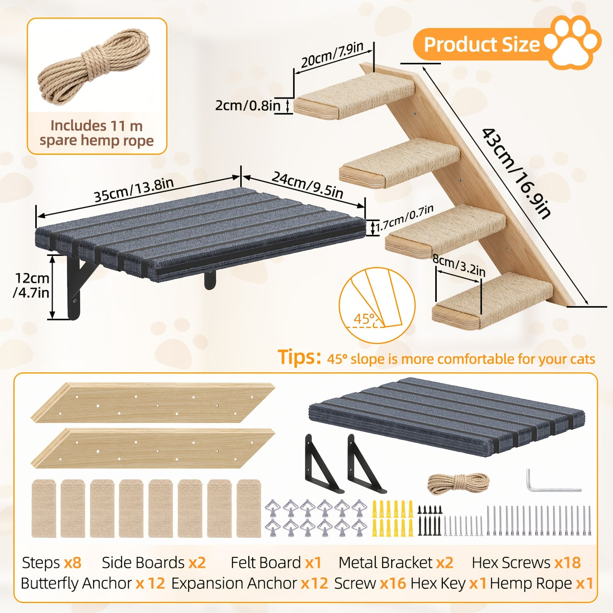 Wall Mounted Cat Steps and Hammock, 2 or 3 Piece Wooden Cat Wall Furniture with Felt Padding for Indoor Climbing, Scratching and Resting