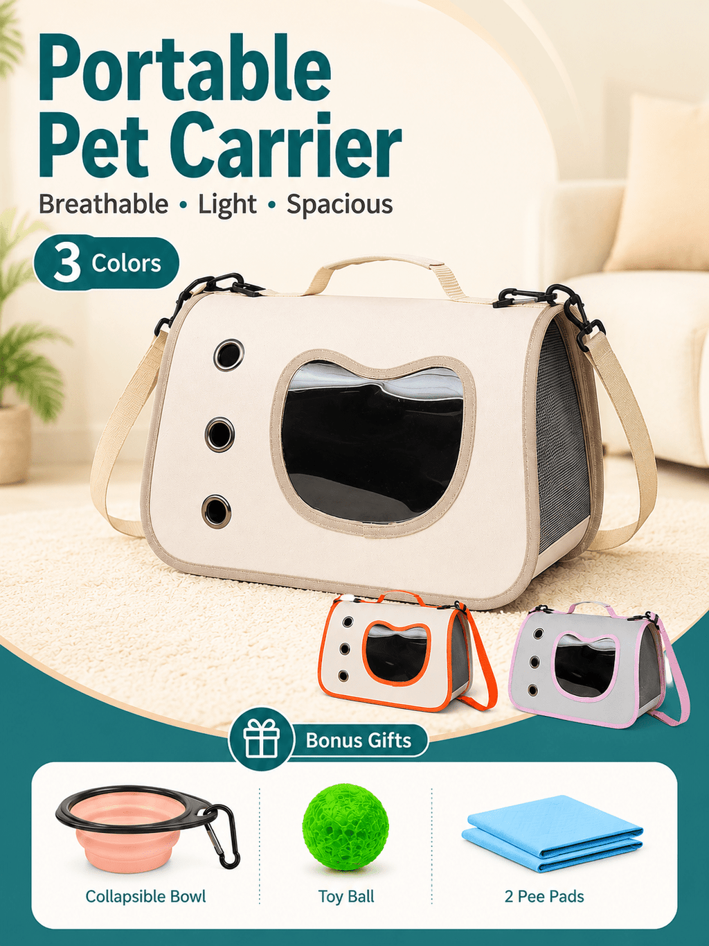 Pet Carrier Bag with Side Opening for Cats and Dogs, Soft-Sided Breathable Travel Tote for Handheld and Shoulder Carry, Off-White, Orange or Pink