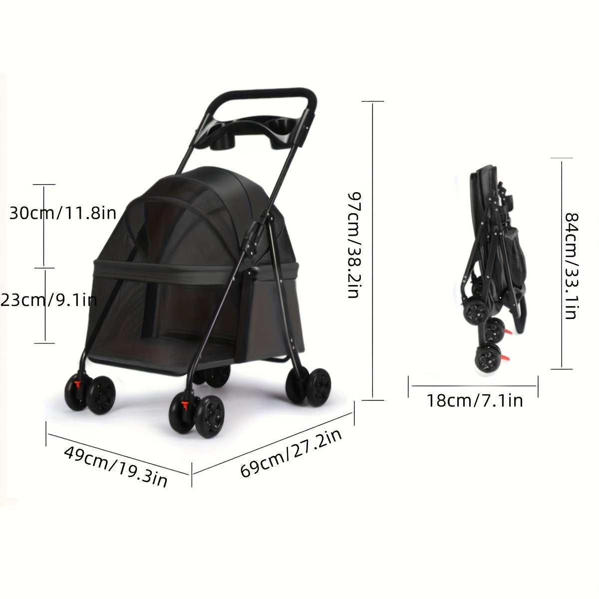 Four-Wheel Pet Stroller for Small Dogs and Cats, Foldable Metal Frame Pushchair with Ventilated Canopy, Ergonomic Handle and Storage Basket in Gray or Black