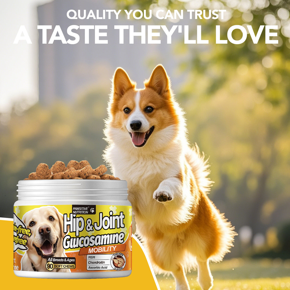 Dog Hip and Joint Supplement Chews, Chicken Flavor with Glucosamine, Chondroitin, Alaskan Salmon Oil and MSM, 90 Count Listing with One or Two Bottle Options