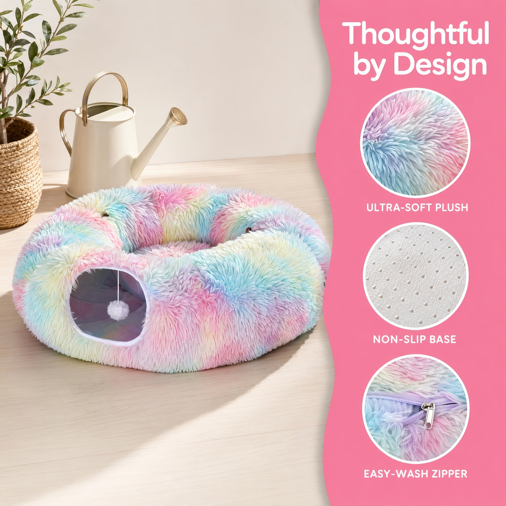 Plush Cat Tunnel Bed for Indoor Cats, 2-in-1 Foldable Donut Hideaway with Removable Washable Mat and Hanging Toy Ball, Four Color Options
