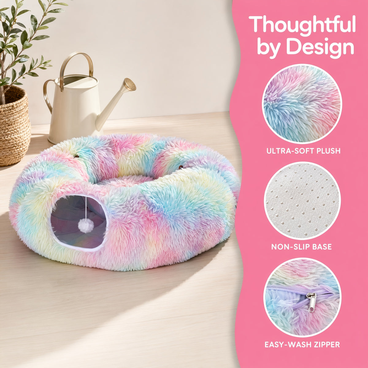 Plush Cat Tunnel Bed for Indoor Cats, 2-in-1 Foldable Donut Hideaway with Removable Washable Mat and Hanging Toy Ball, Four Color Options