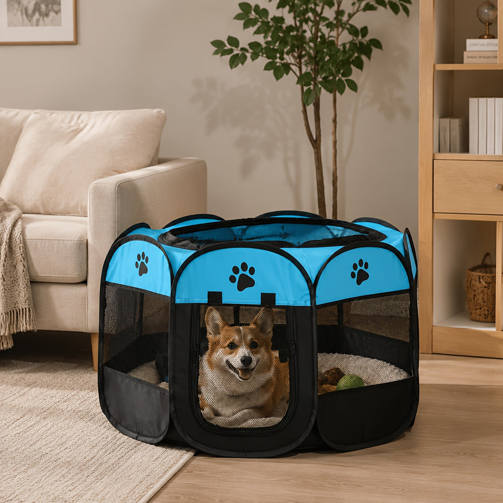 Foldable Puppy Playpen for Dogs and Cats, Octagonal Oxford Cloth Pet Tent in Blue or Off White for Supervised Indoor Rest and Outdoor Camping