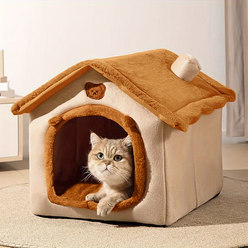 Cat House Bed with Cabin-Style Roof, Detachable Washable Oxford Fabric Pet Hideaway in Three Sizes for Indoor Cats and Small Dogs