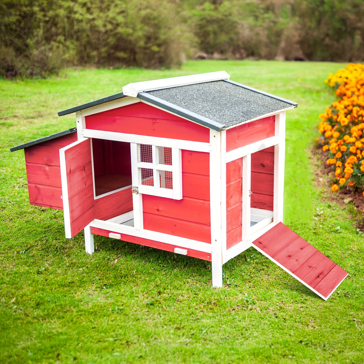 Chicken Coop Outdoor Wooden Hen House with Nesting Box, Ramp, Removable Tray and Lockable Doors, Elevated Fir Wood Poultry Hutch with Sloped Asphalt Roof, 42 x 25 x 28 Inches