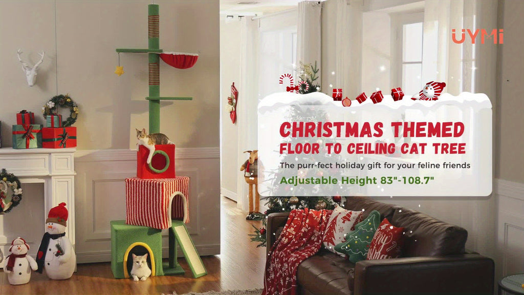 Floor to Ceiling Cat Tree, 90–107 Inch Adjustable 4-Tier Indoor Cat Tower with Tension Rod and Soft Carpet-Style Platforms for Climbing and Rest