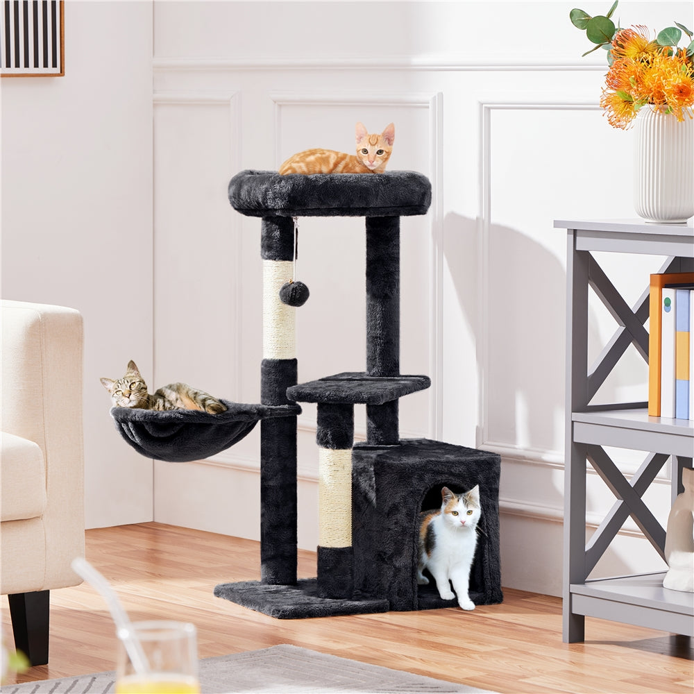 Cat Tree 34.5 Inch with Condo and Basket, Plush Indoor Cat Tower with Nest, Platform, Three Sisal Scratching Posts and Scratching Board in Five Colors