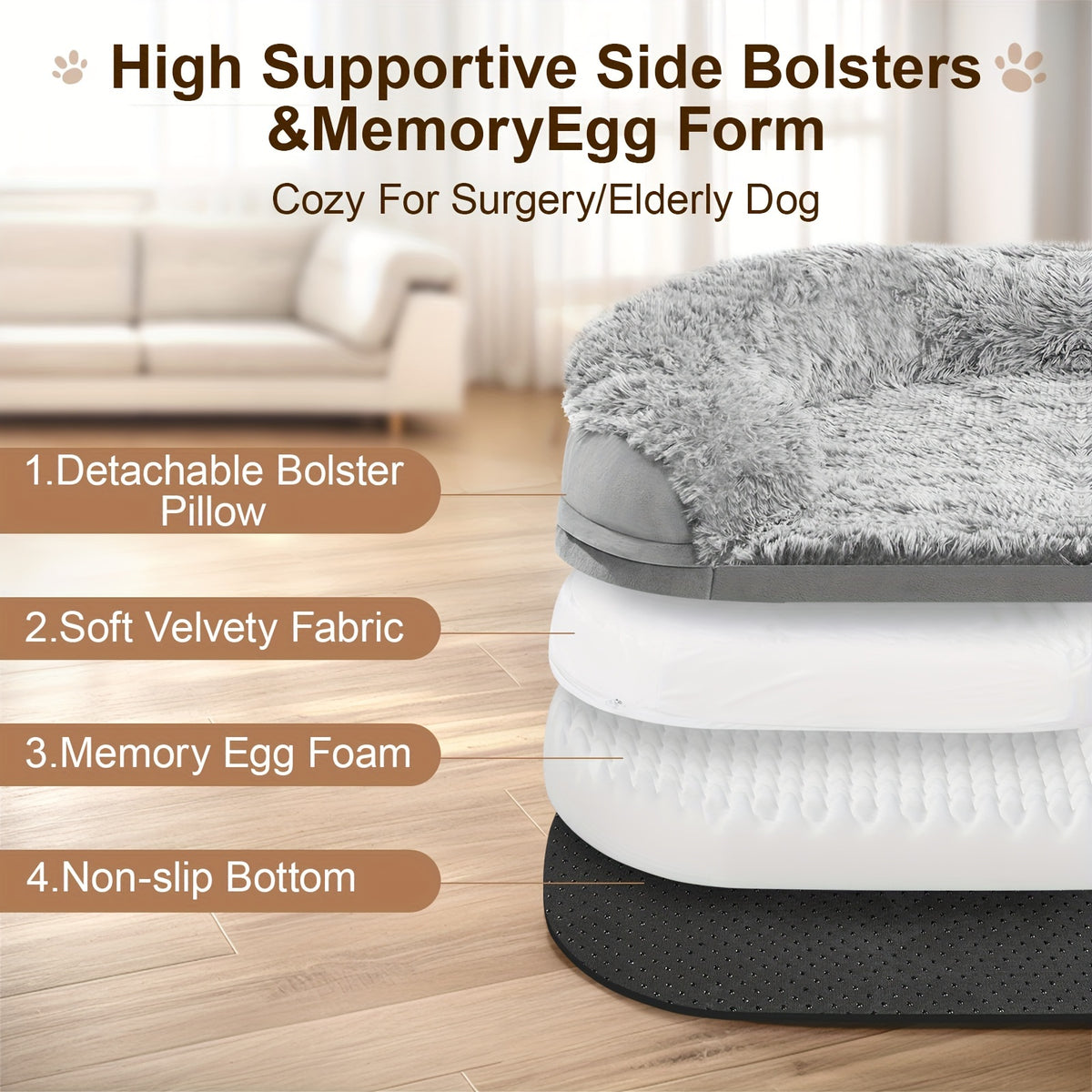 Plush Foam Dog Bed with Removable Washable Cover, Gray Egg Crate Pet Lounger with Raised Edges in Large Rectangle and Semicircle Options