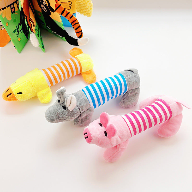 Squeaky Dog Toys with Striped Plush Design, 3 Pack 7.5 Inch Soft Stuffed Animal Toys in Assorted Colors for Small and Medium Dogs, Supervised Gentle Play
