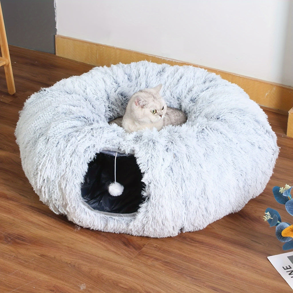Cat Tunnel with Bed and Pet Scarf, Soft Plush Donut Hideaway with Peekaboo Opening for Indoor Cat Play and Rest, Four Color Options and Holiday Gift Idea