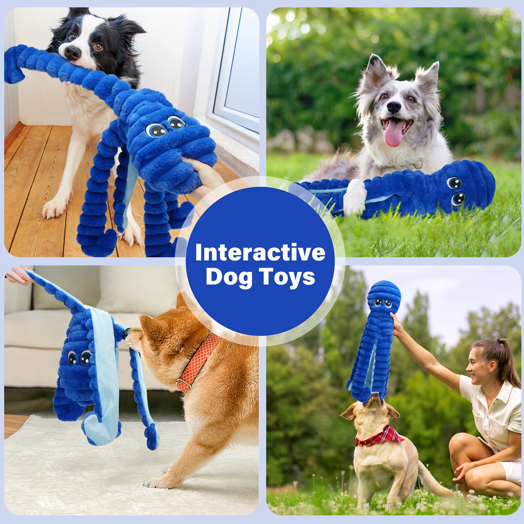 Blue Octopus Dog Toy with Squeaker and Crinkle Sounds, Plush Interactive Tug Toy for Larger Dogs, Supervised Gentle Chewing and Indoor Play