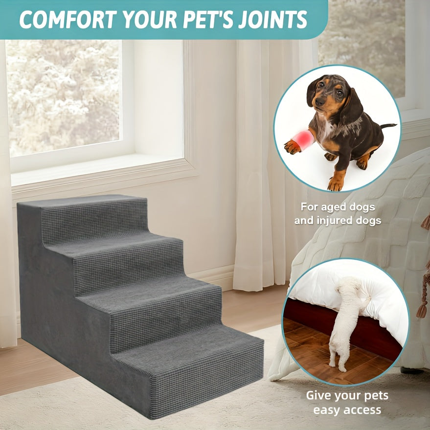 Foam Dog Stairs for Small Dogs, 5-Step Pet Steps with Supportive Board and Non-Slip Removable Washable Cover in Grey or Navy for Home Use