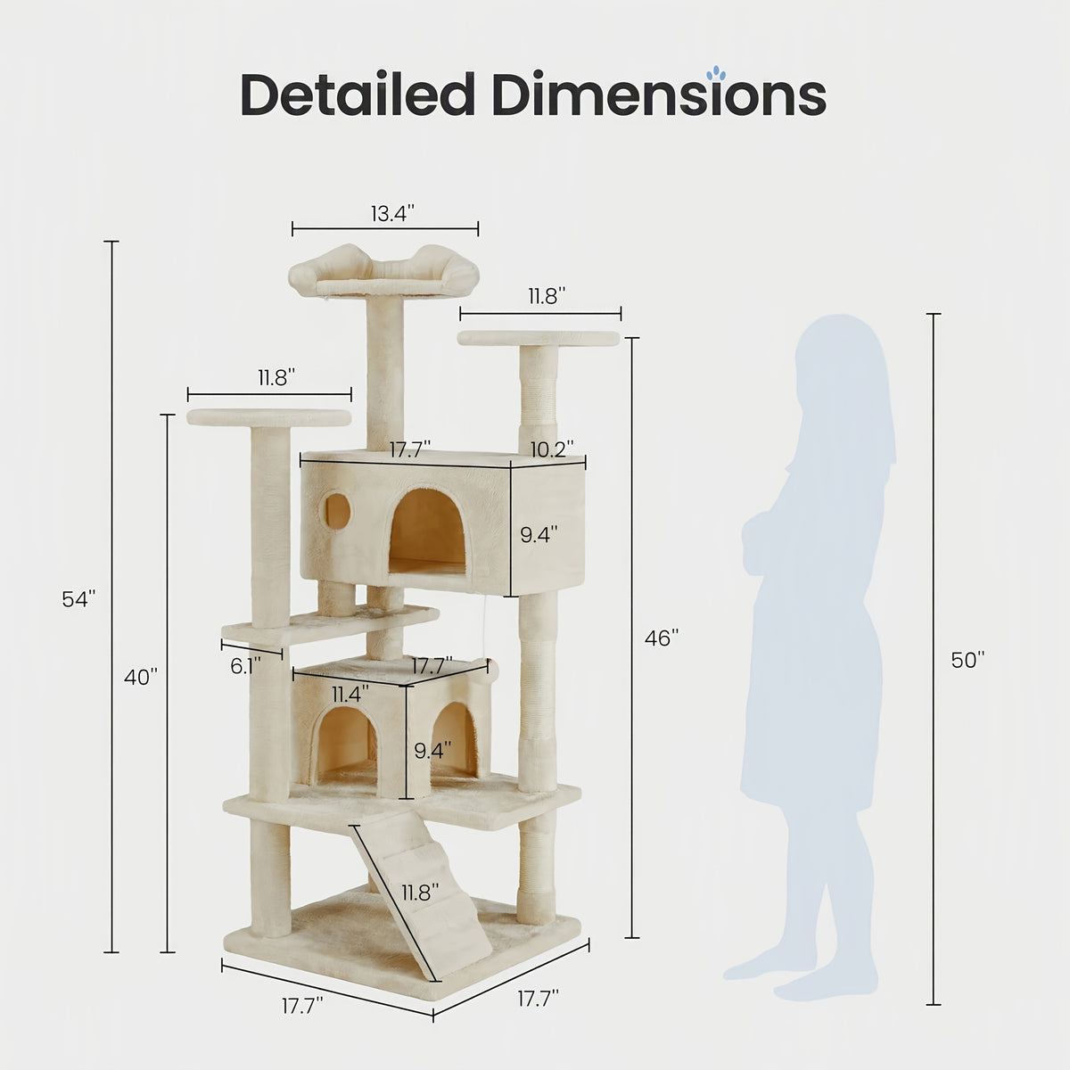 Cat Tree 44 or 54 Inch with Soft Hammock and Condo, Natural Sisal Scratching Posts for Indoor Climbing and Rest, Eight Color Options