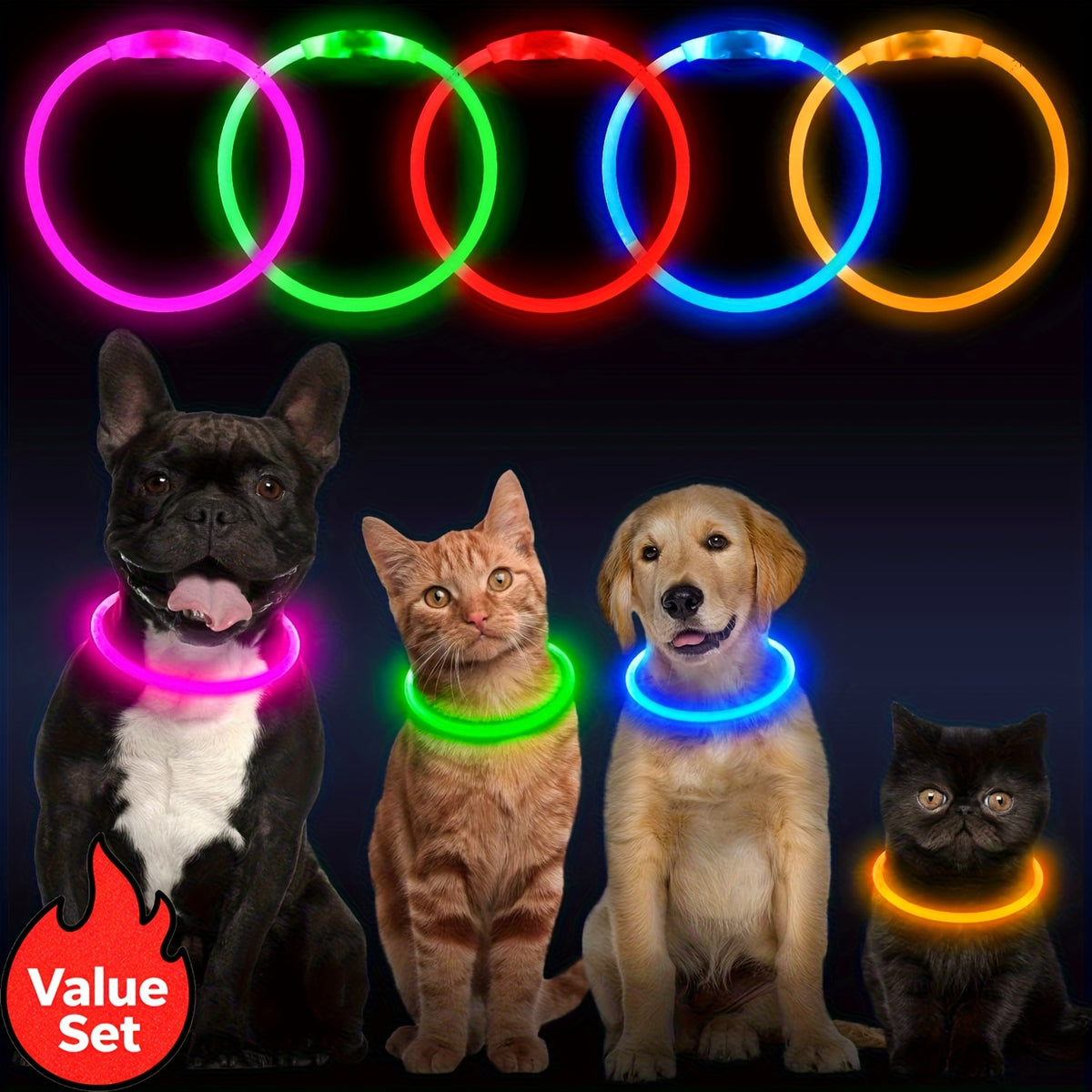 Rechargeable LED Dog Collar with Cut-to-Fit Glow Tube, 3-Mode Light Up Neck Ring for Night Walking and Running, Single and Multi-Pack Color Options