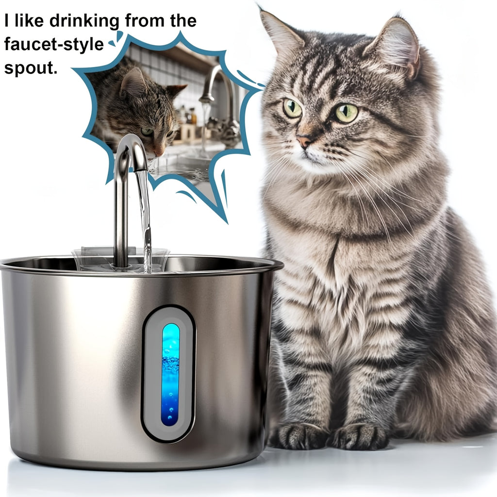 Cat Water Fountain with 3-Stage Filtration, 2.2L 304 Stainless Steel Pet Drinking Dispenser with Quiet USB Pump and Visible Water Level Window