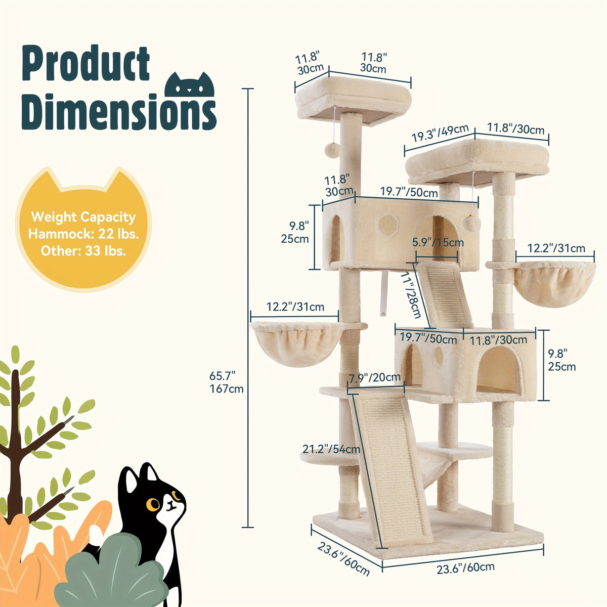 65 Inch Cat Tree Tower for Indoor Cats, Multi-Level Plush Cat Condo with Basket Beds, Hammock, Sisal Scratching Posts and Wide Base, Six Color Options