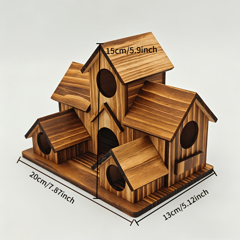 Wooden Birdhouse with Multi-Cottage Design, Rustic Pitched Roof Bird House in Dark Brown for Outdoor Garden Decor and Backyard Bird Lover Gifts
