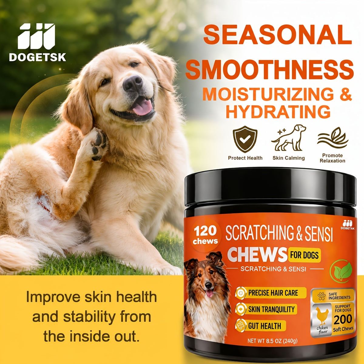 Chicken Flavor Dog Supplement Chews, 120 Count with Listed Probiotics and Omega for Owner-Managed Canine Skin and Coat Care Routines