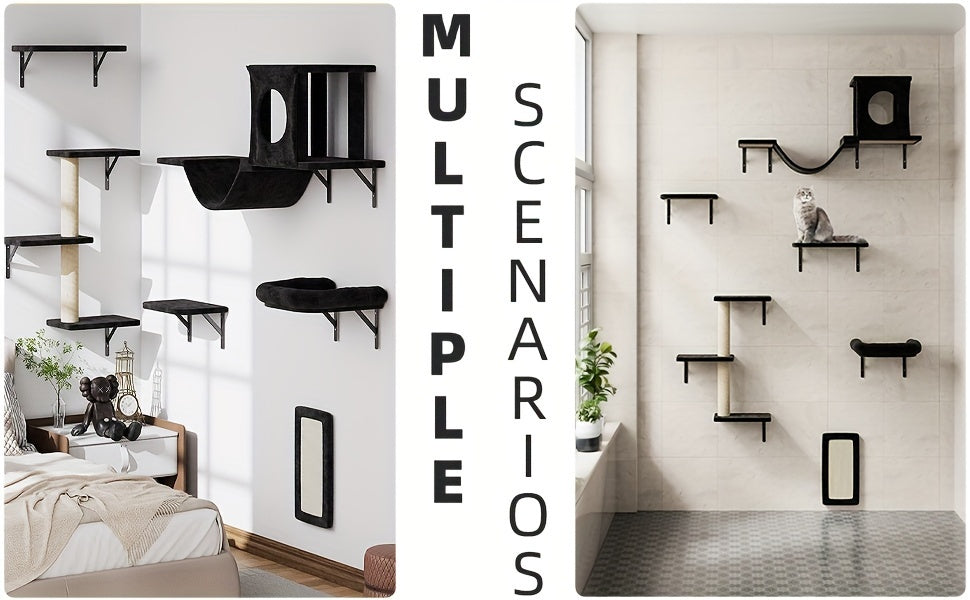 Cat Climbing Wall Shelves Set, Wall-Mounted Indoor Cat Furniture with Condo, Scratching Post, Bridge Ladder and Tunnel for Play and Rest