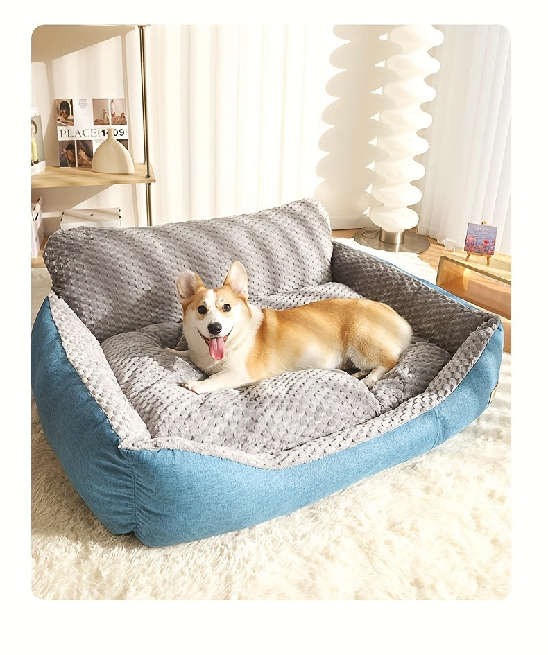 High Back Dog Sofa Bed with Plush Textured Cushion, Blue and Gray Bolster Pet Couch in Four Sizes for Small to Large Dogs and Cozy Indoor Rest