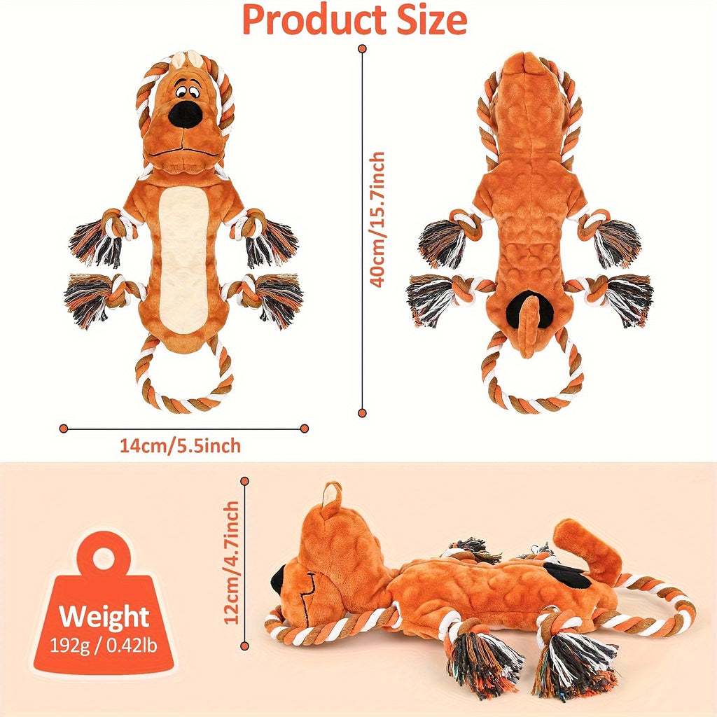 Squeaky Tug Dog Toy with Rope Loops and Plush Animal Body, Dog, Dinosaur or Lion Styles for Supervised Gentle Tug, Fetch and Indoor Play
