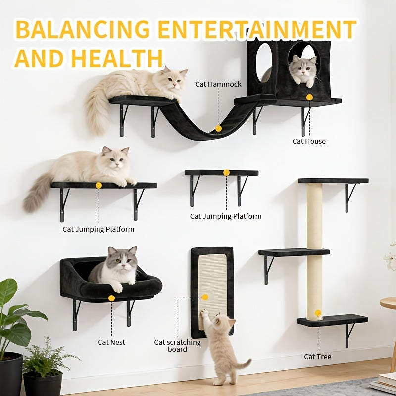 Cat Wall Furniture Set 6-Piece with Shelves, Condo, Scratching Board, Bridge and Tunnel, Wall-Mounted Indoor Cat Climbing and Resting Perches