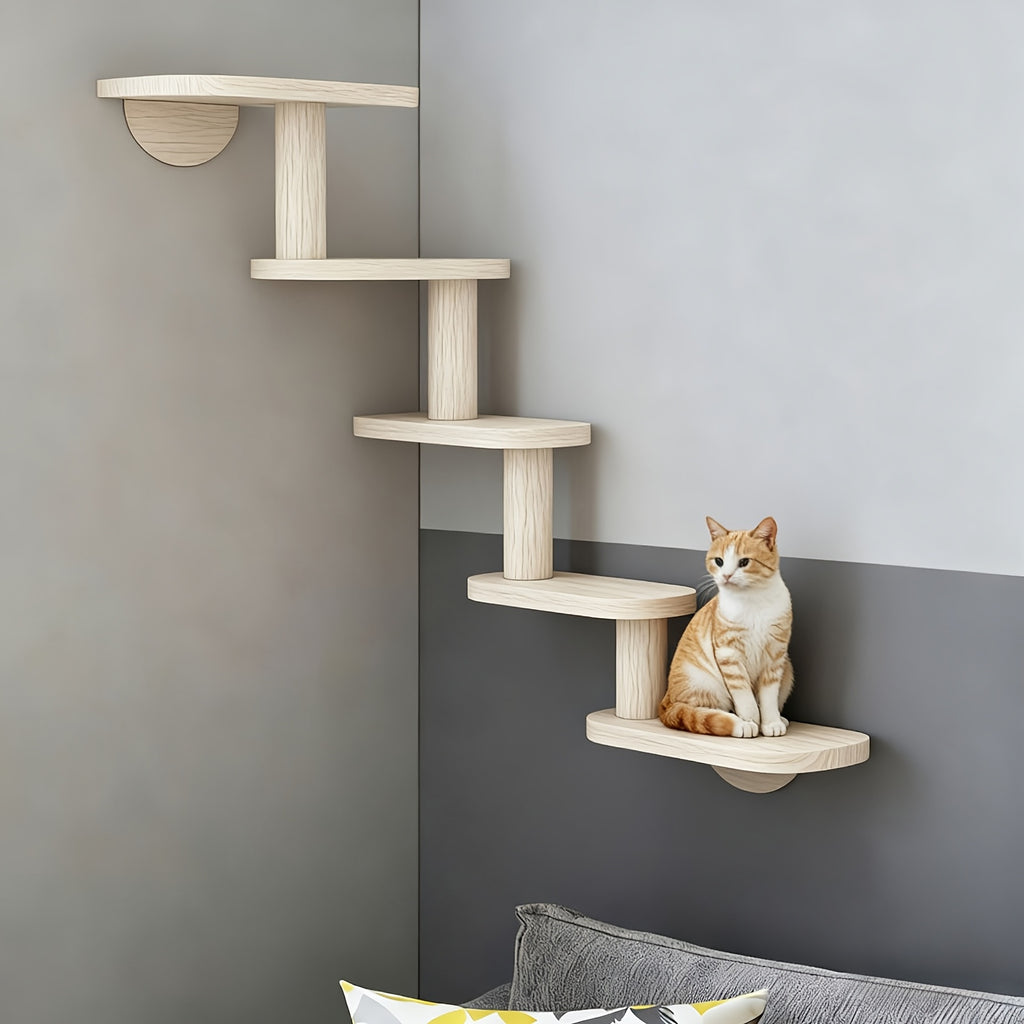 Wooden Cat Wall Steps with Five Levels, Solid Wood Wall-Mounted Cat Climbing Platforms and Indoor Perches for Space-Saving Play and Elevated Rest