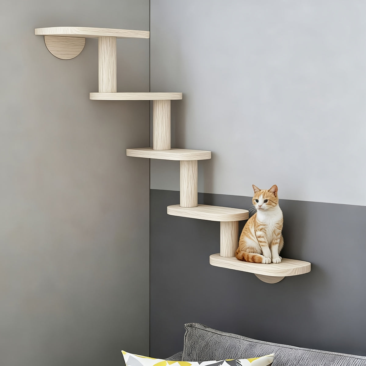 Wooden Cat Wall Steps with Five Levels, Solid Wood Wall-Mounted Cat Climbing Platforms and Indoor Perches for Space-Saving Play and Elevated Rest