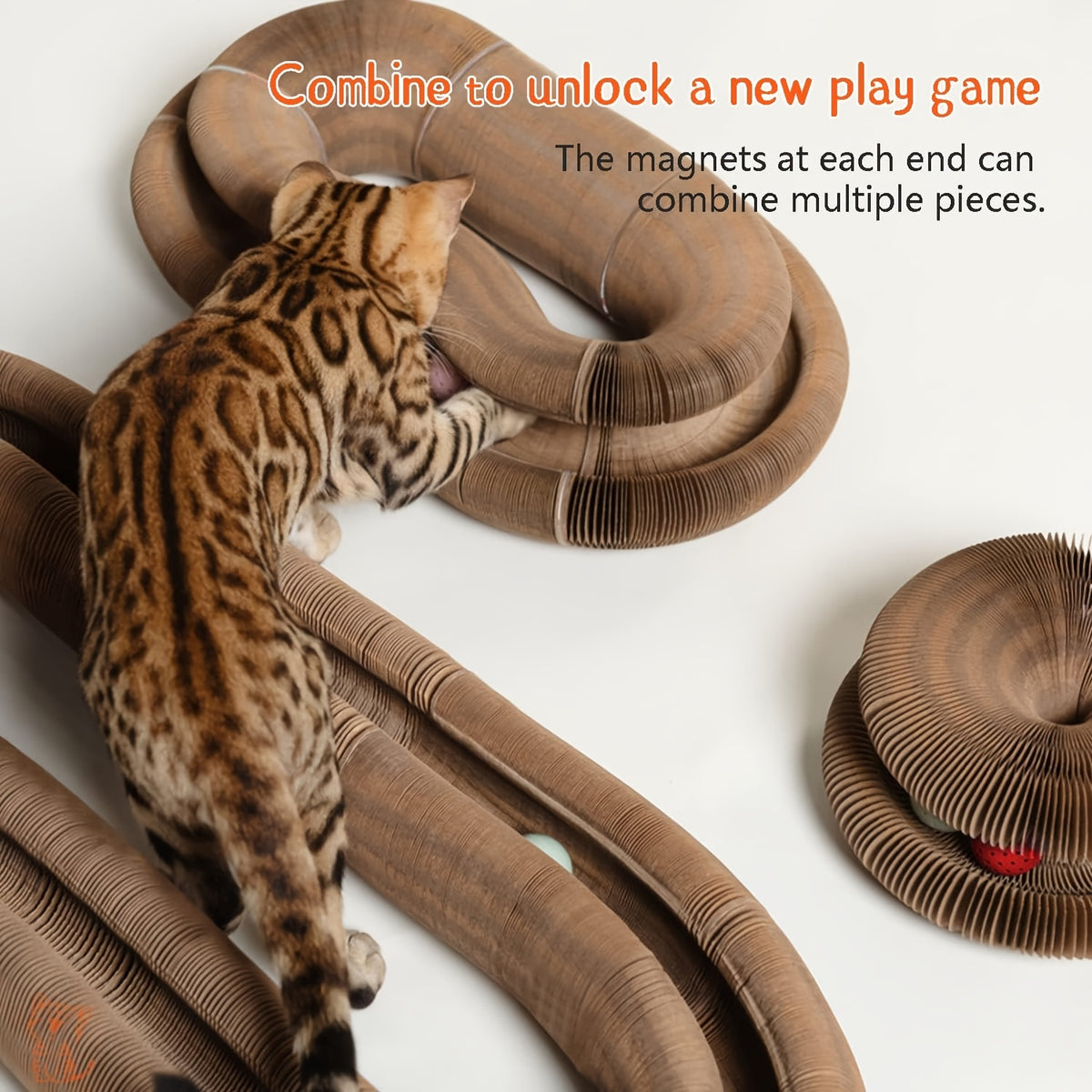 Expandable Cat Scratcher Toy 2-Pack, Curly Corrugated Cardboard Scratching Board with Ball for Indoor Cats, Retractable Scratch Pad for Daily Play