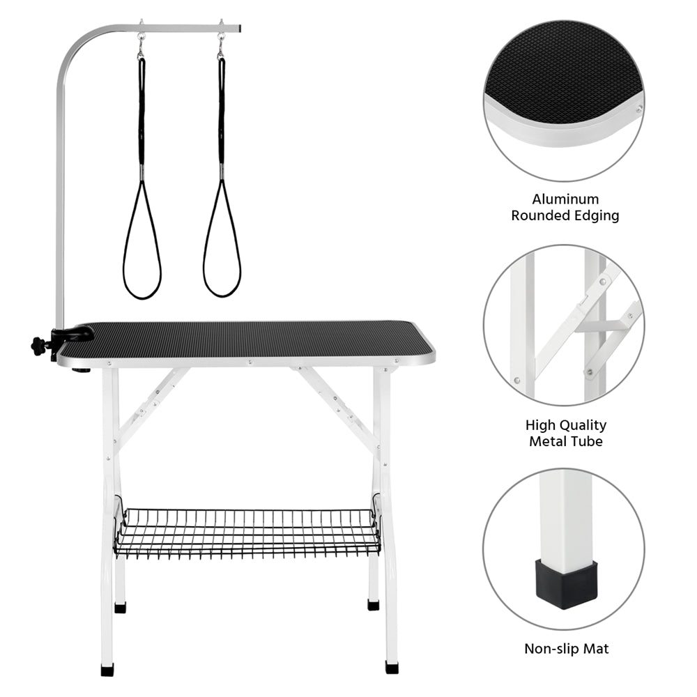 Foldable Dog Grooming Table with Mesh Tool Shelf, Detachable Height Adjustable Arm and Antiskid Surface for Small to Medium Dogs