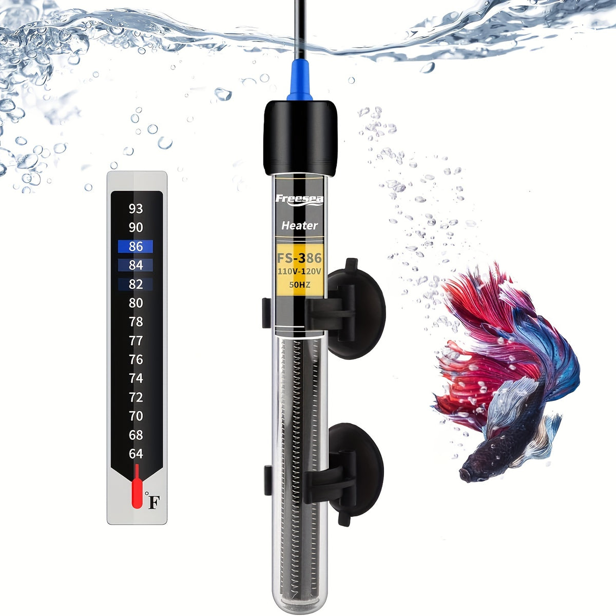 Submersible Aquarium Heater FS-386 with Adjustable Thermostat, Fish Tank Water Heating Rod in 25W, 50W, 100W or 300W for Indoor Aquatic Setups